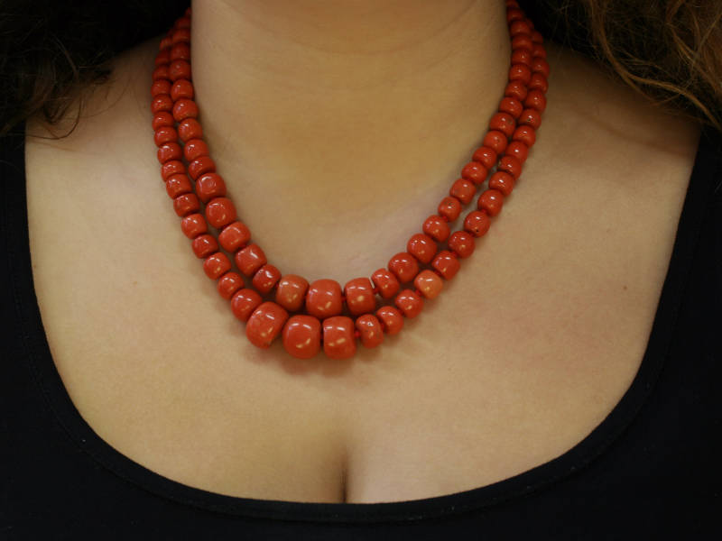Dutch two string coral bead necklace with extraordinary size beads (image 2 of 3)